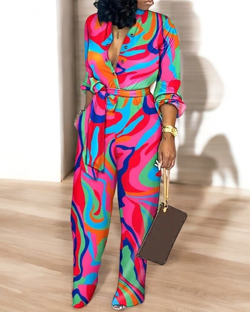 Modeprint V-hals med høj talje Jumpsuit
