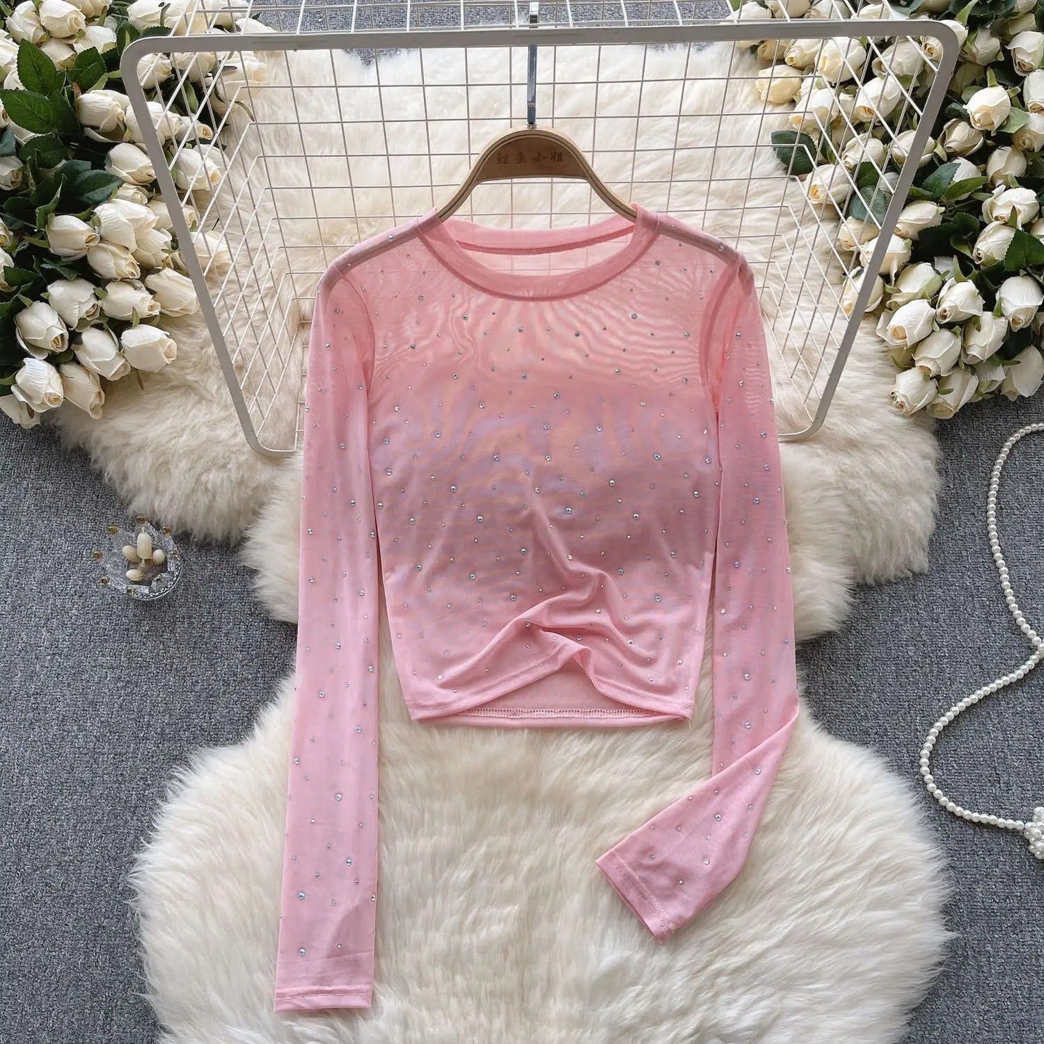 Dame Rhinestone Mesh langærmet Crop Top