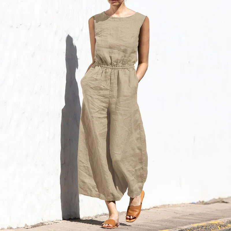 Jumpsuit med høj talje i bomuld og hør til kvinder