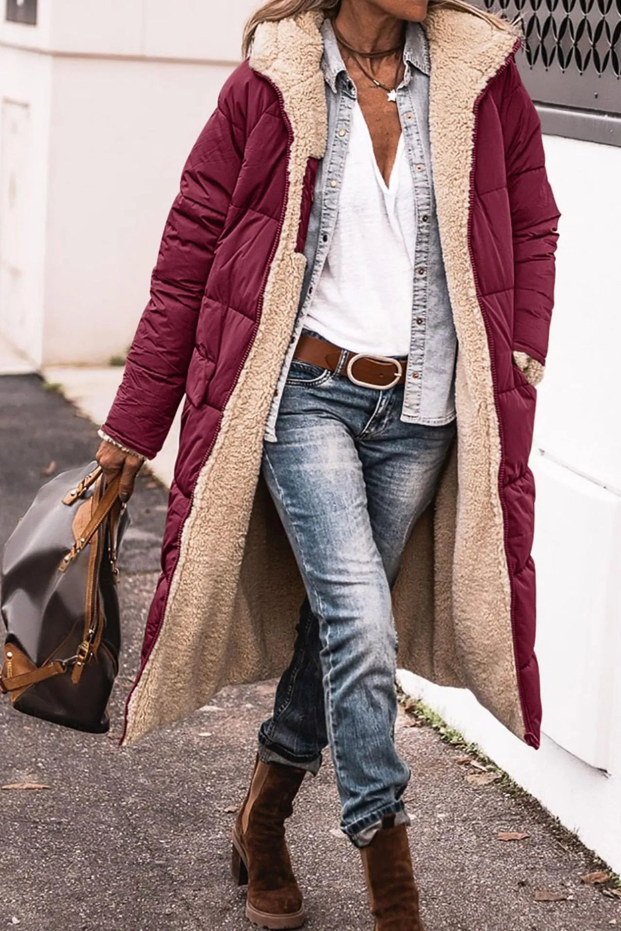 Dame Puffer Jakke Lang Sort Pelsfor Polyester Elegant Vinterjakke