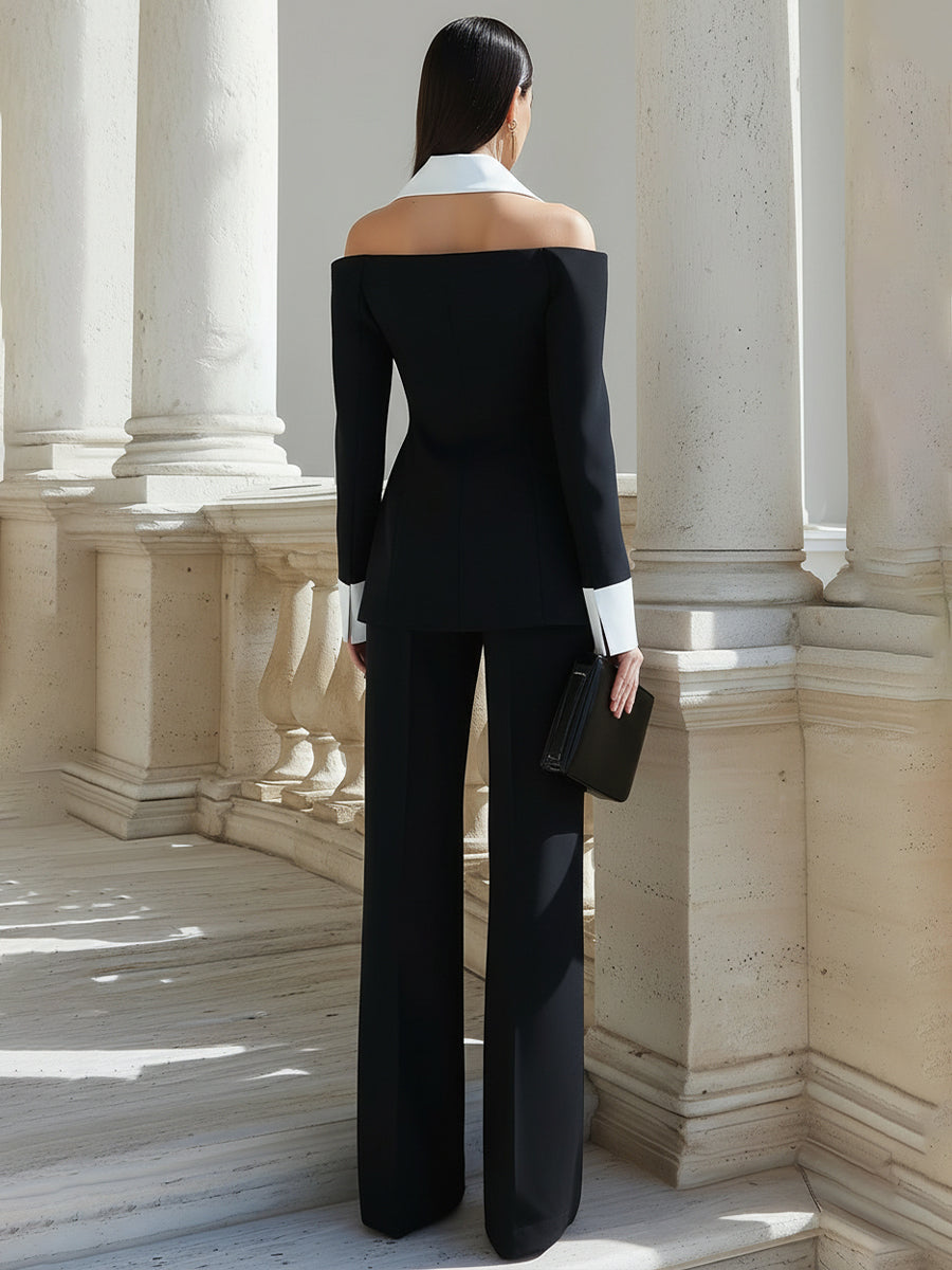 Off-Shoulder Kontrastkrave Skræddersyet Blazer Og Lige Ben Bukser Sæt
