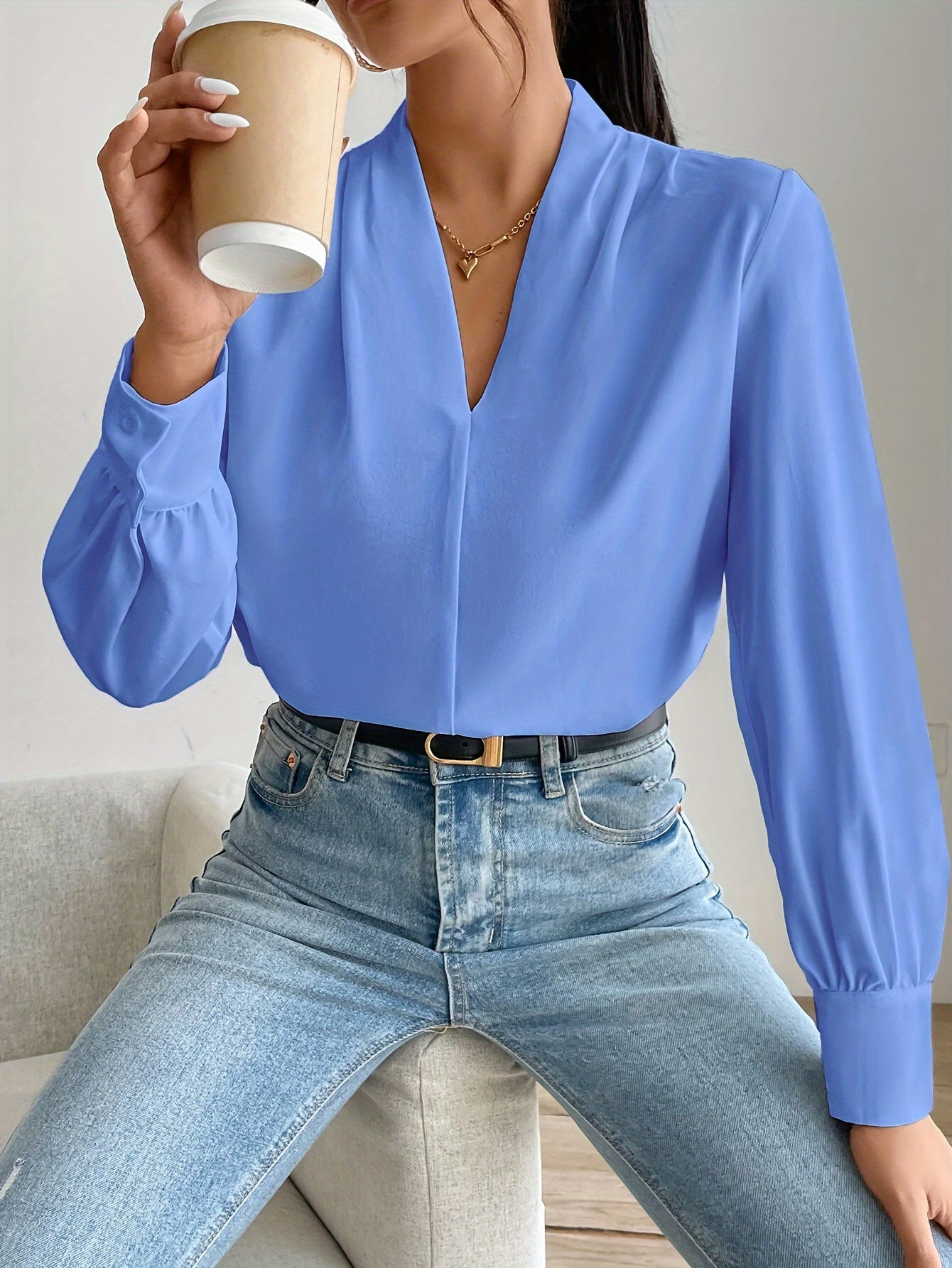 Kvinders Bluse Sort V-Hals Polyester Elegant Komfortabel