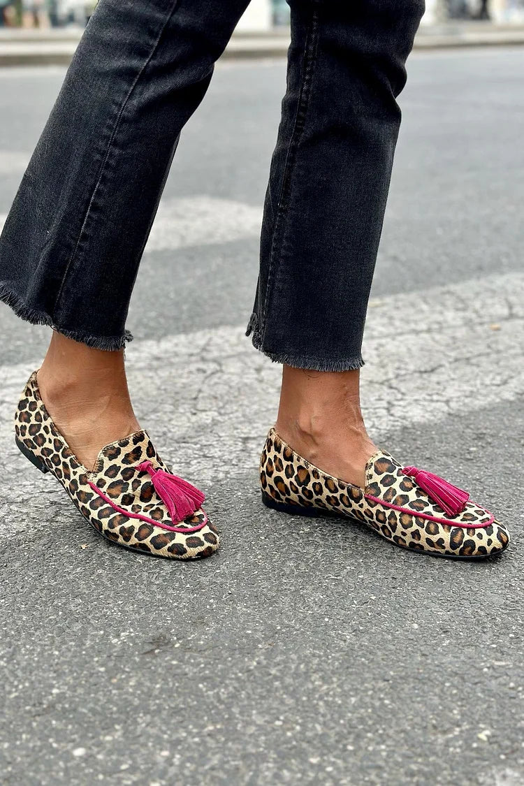Leopardprint Loafer med Fuchsia Frynser