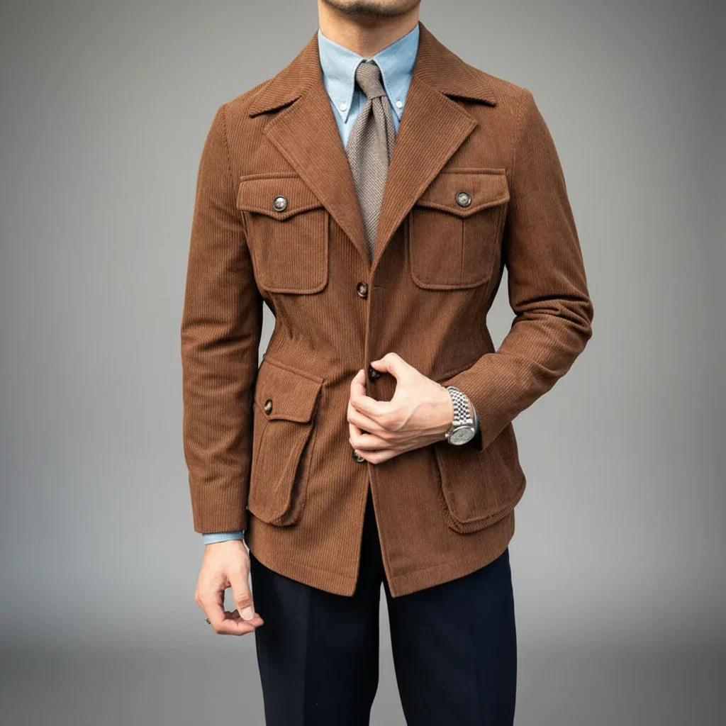 Herre Skræddersyet Blazer – Herringbone med Guldtonede Knapper