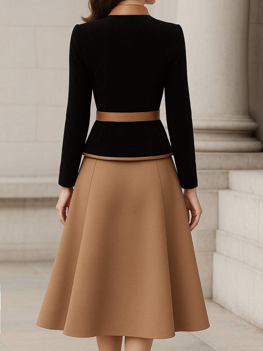 To-farvet Trim Blazer og A-Line Midi Skirt Sæt