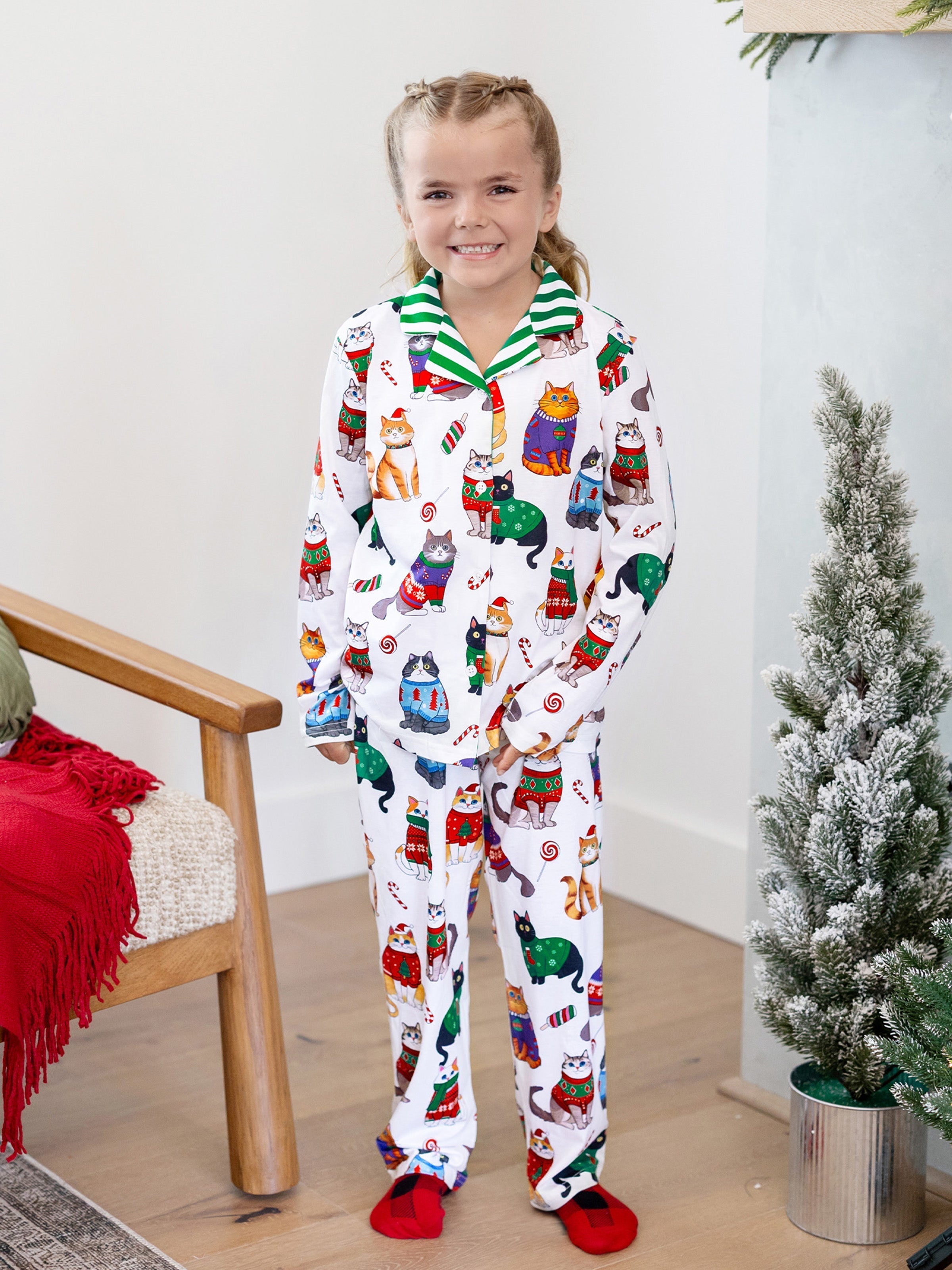 MeowJams | Jule Familie Pyjamas Sæt Katteprint med Matchende Sokker Multicolor