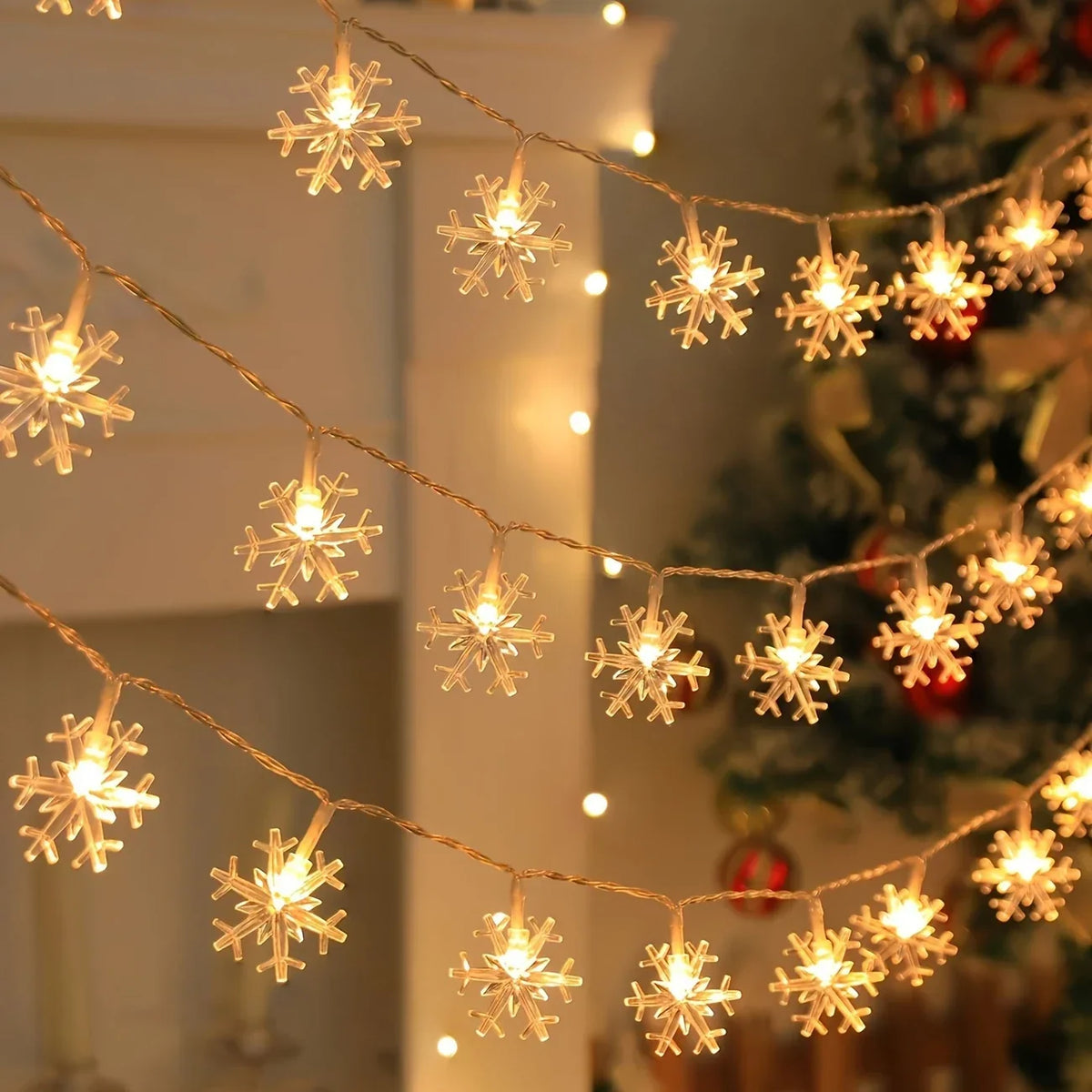 LED Christmas Lights with Snowflakes - Warm White or Multicolored Lights for Indoor & Outdoor Use