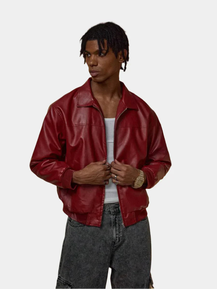 Vince Herrejakke Faux Læder Rød – Moderne Jakke med Lynlås og Faldende Skuldre Urban Stil