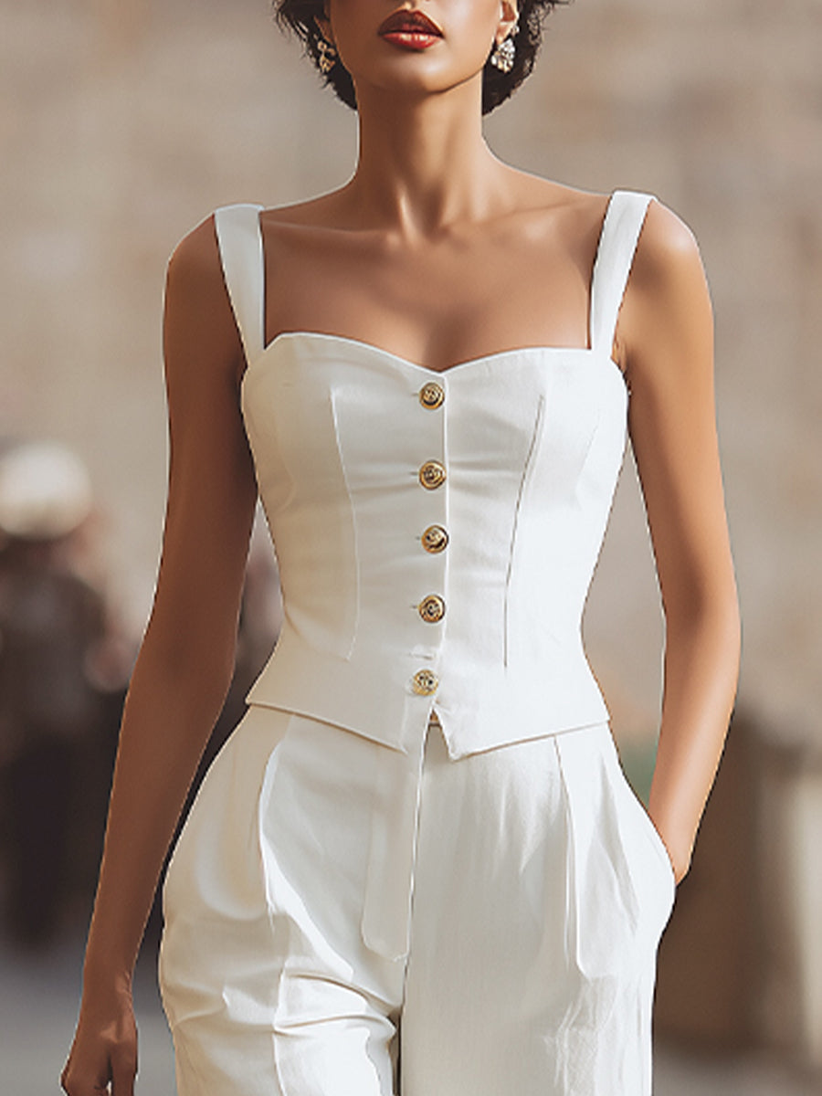 Elegant Knap-Front Top & Højtaljede Skræddersyede Bukser Sæt
