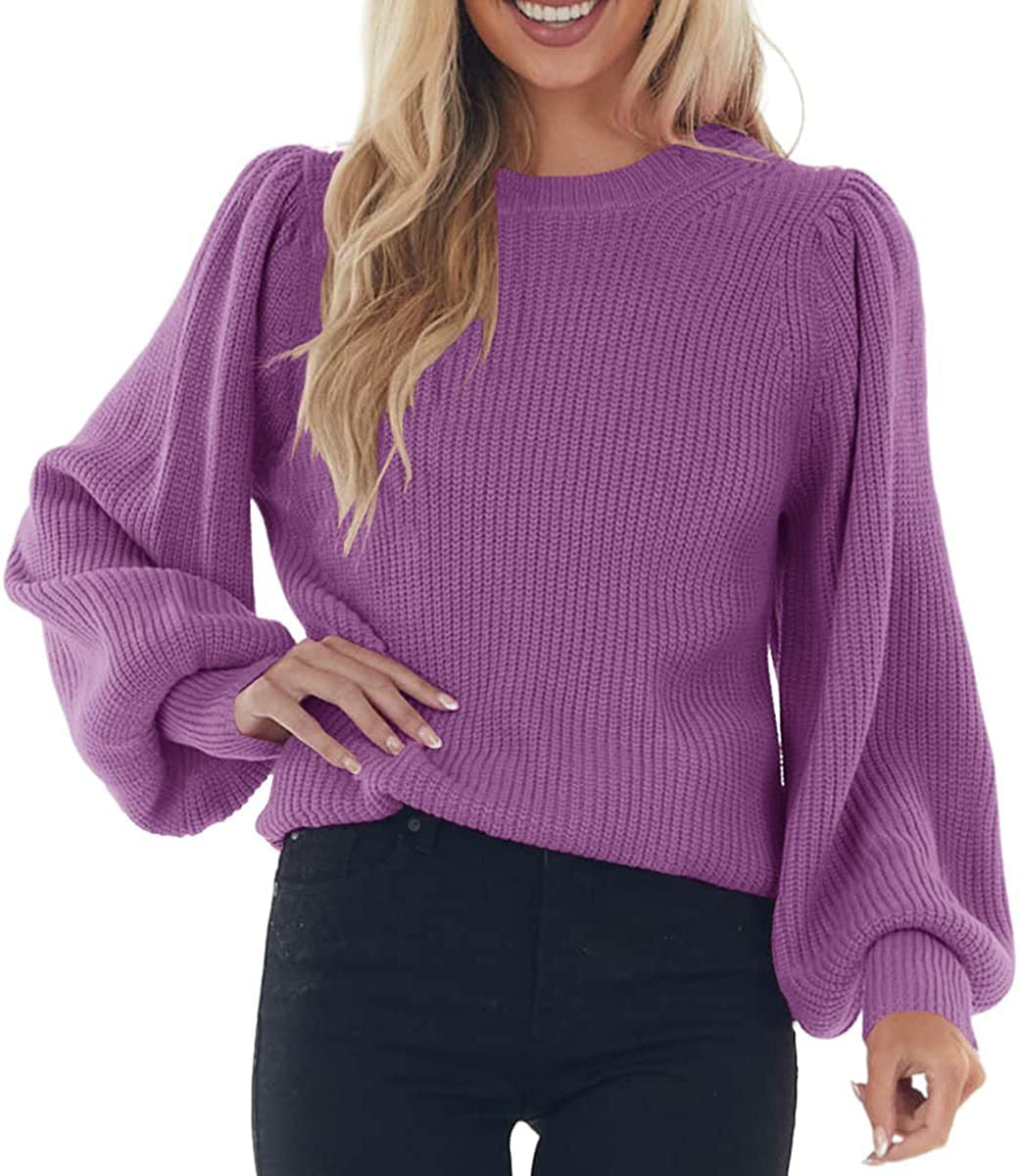 Amely Kvinders Ribbet Strik Sweater – Elegant Sweater med Puffærmer og Rund Hals