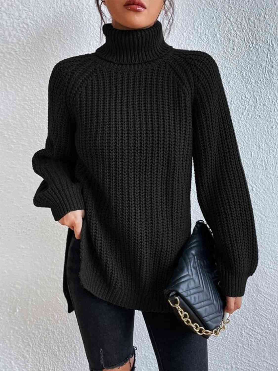 Angela Pull Kvinde – Ribbet Turtleneck Sweater med Chic Side Slids til Elegant Efterår/Vinter