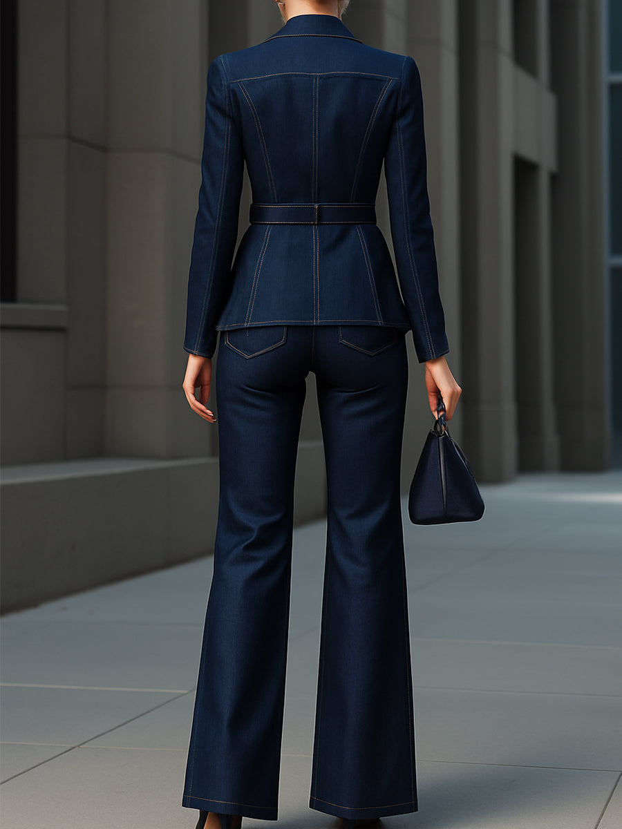 Skræddersyet Mørk Denim Blazer & Flare Bukser Sæt