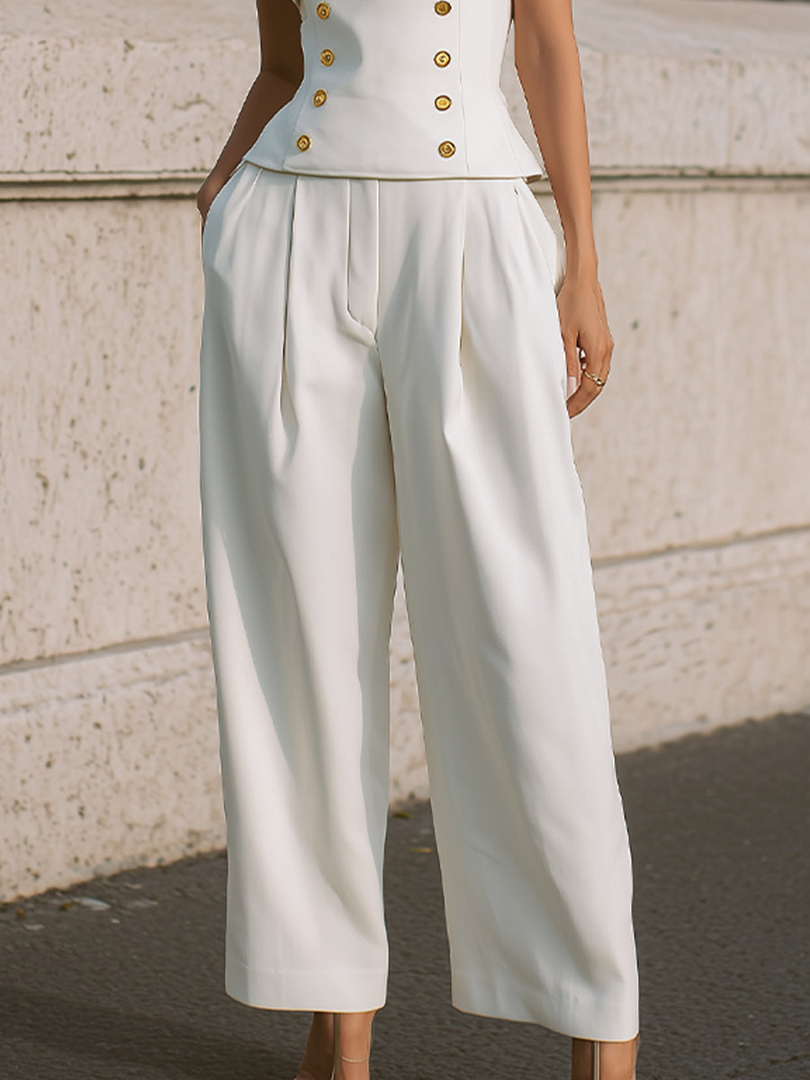 Strapless Peplum Sæt: Guld-Knap Top & Bredbenede Bukser