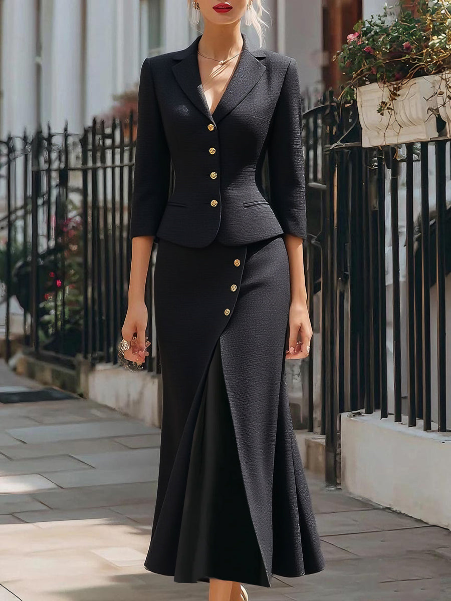Elegant tekstureret knapblazer & midi nederdel sæt