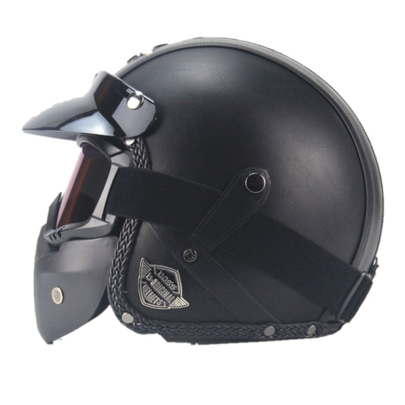 Vintage PU Læder Motorcykel Sturzhelm Biker med Visir Maske Briller