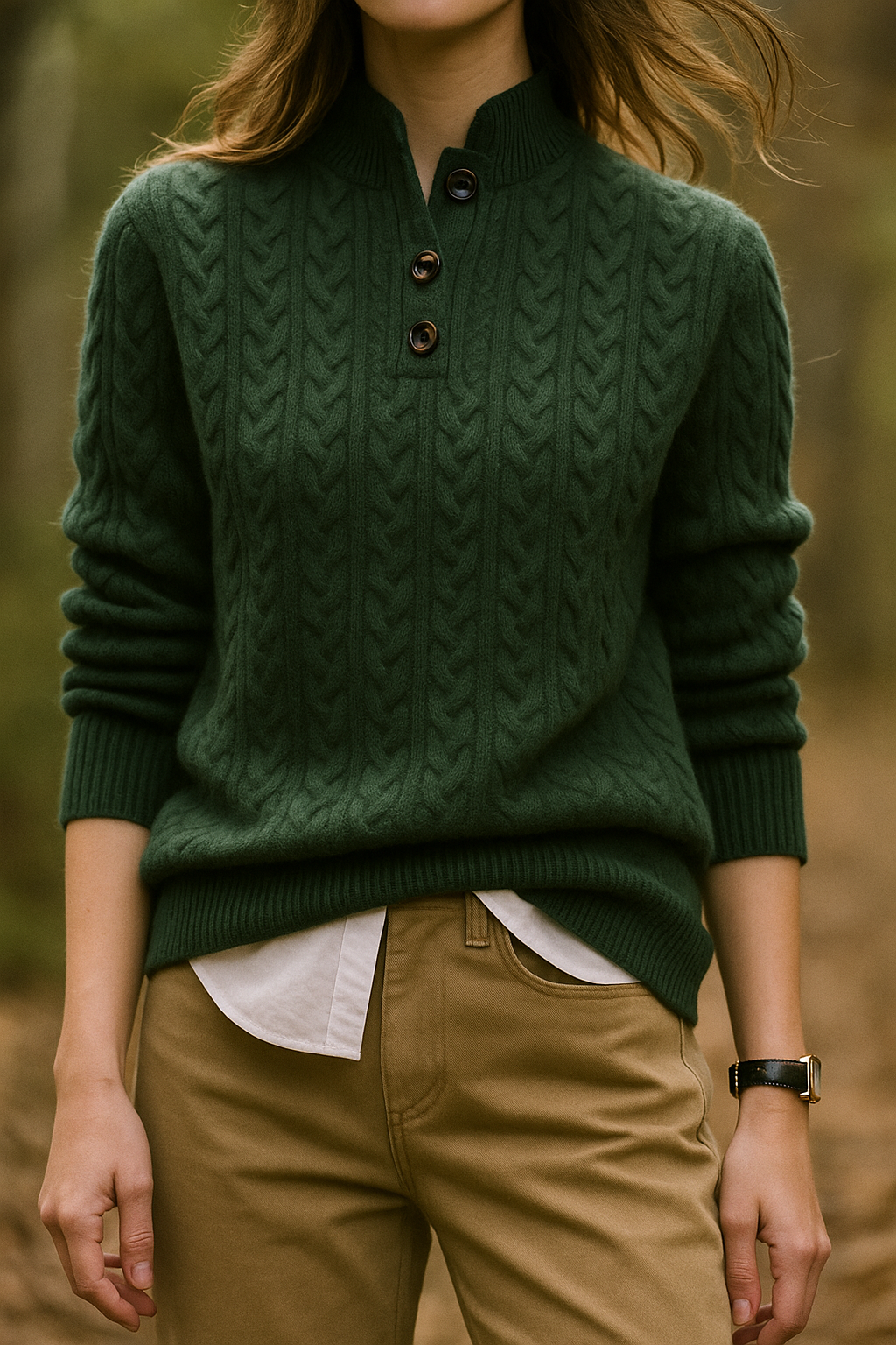 Sharmaine Kvinders Knappet Sweater – Blød Kabelstrik Sweater med Elegant Krave