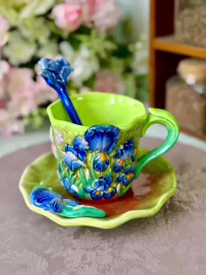ArtSip Keramisk Kop & Skål Sæt – Håndmalet 3D Design inspireret af Van Gogh