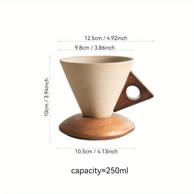 BaristaLuxe Keramisk Kaffe Kop 250ml – Håndlavet med Træhåndtag og Underlag