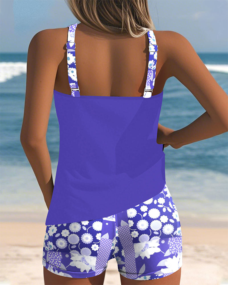 Blomster Tankini med Justerbare Stropper og Komfortable Shorts - Multifarvet