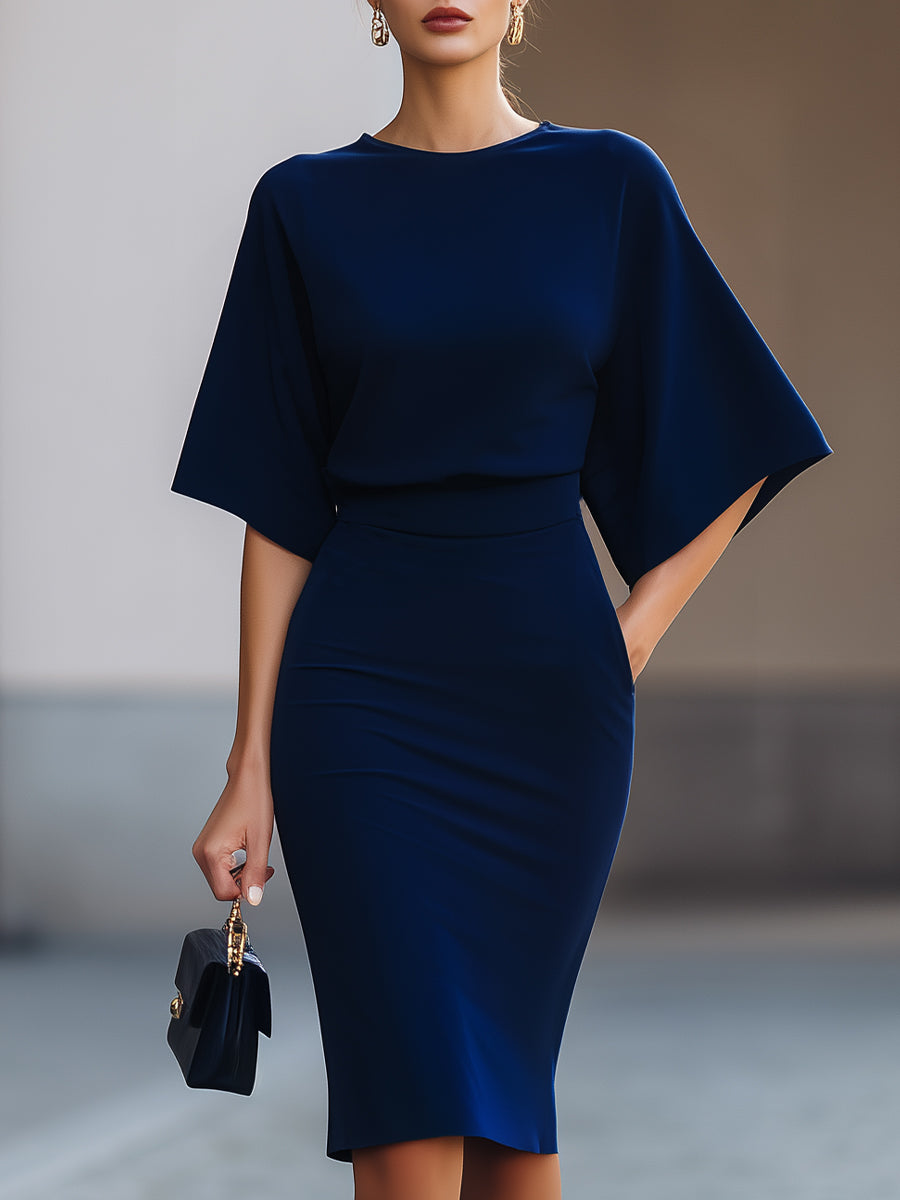 Minimalistisk Navy Batwing Ærme Top & Midi Skirt To-Delt Sæt
