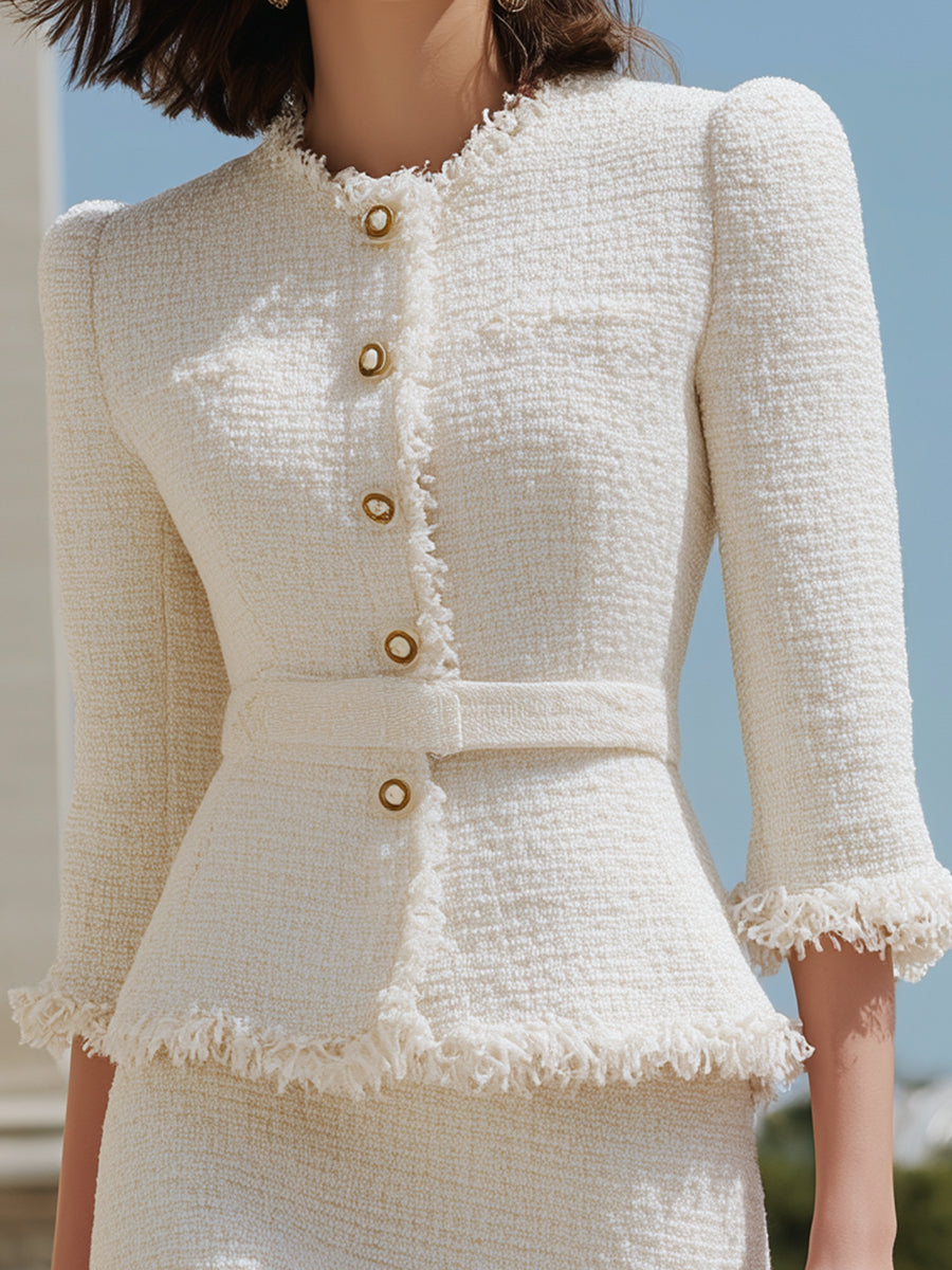 Elfenben Fringed Tweed Jakke & Blyantskirt To-dels Sæt