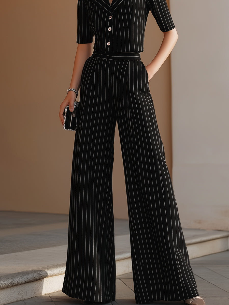 Pinstripe Skræddersyet Knap-Front Top & Bred-Ben Bukse Sæt