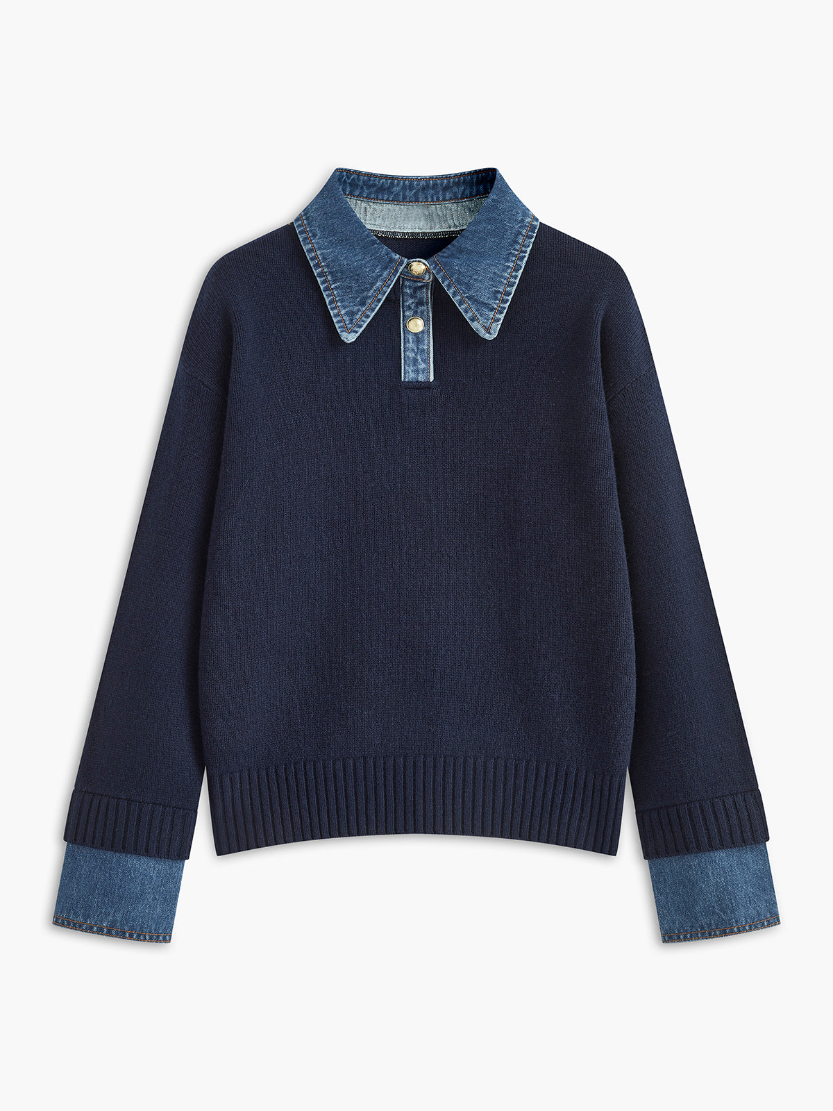 Giana Elegant Kvinders Sweater – Blød Strik med Denim Effekt Krave & Manchetter