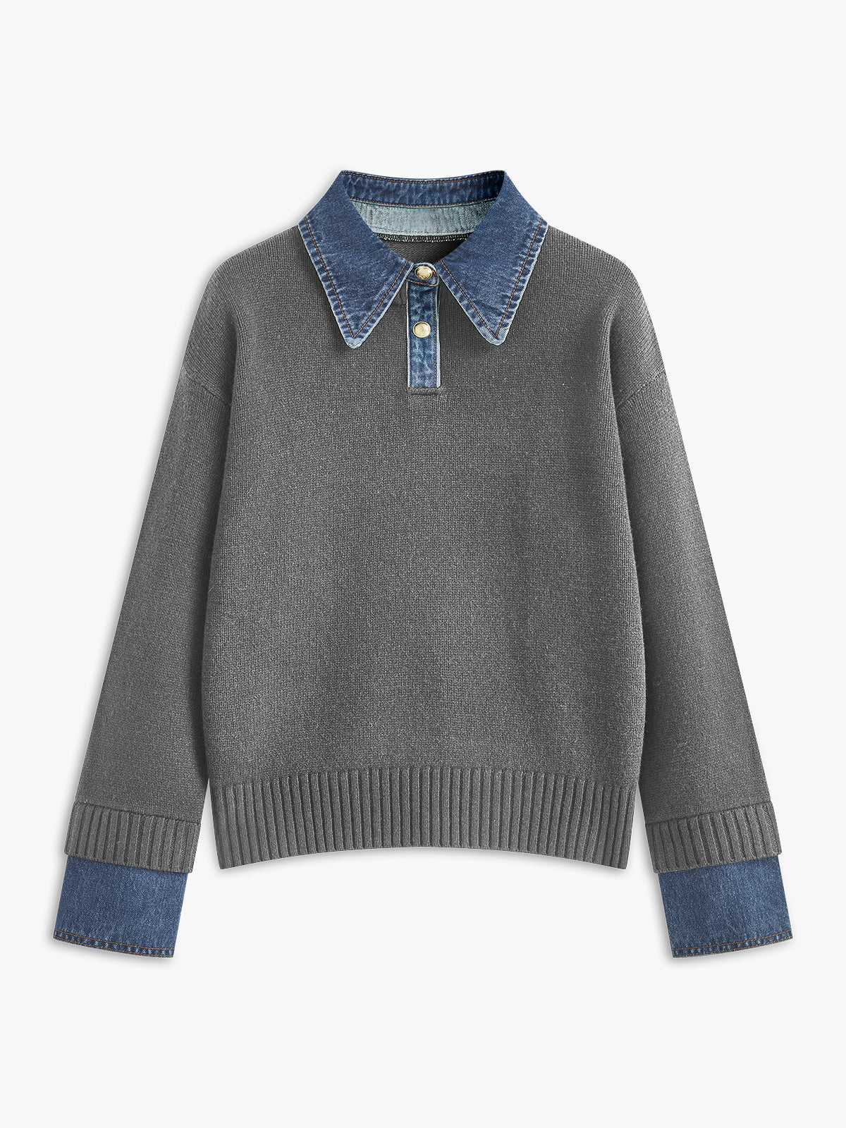 Giana Elegant Kvinders Sweater – Blød Strik med Denim Effekt Krave & Manchetter