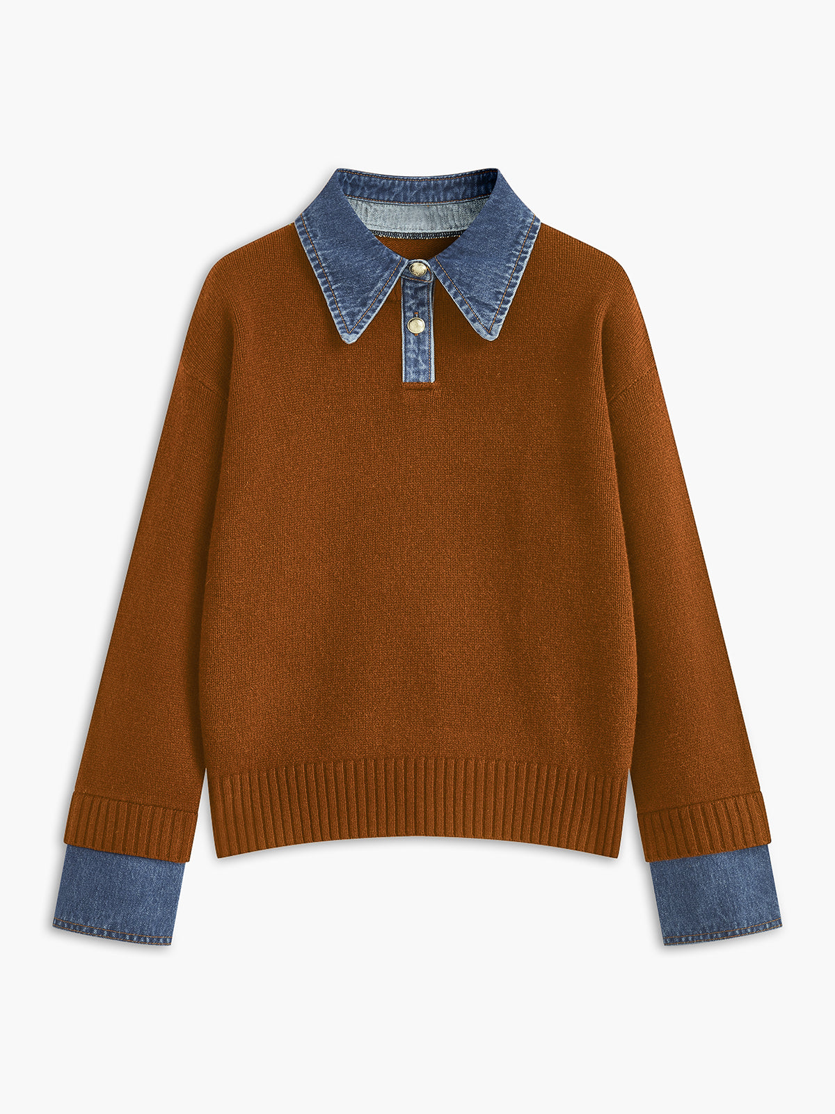 Giana Elegant Kvinders Sweater – Blød Strik med Denim Effekt Krave & Manchetter
