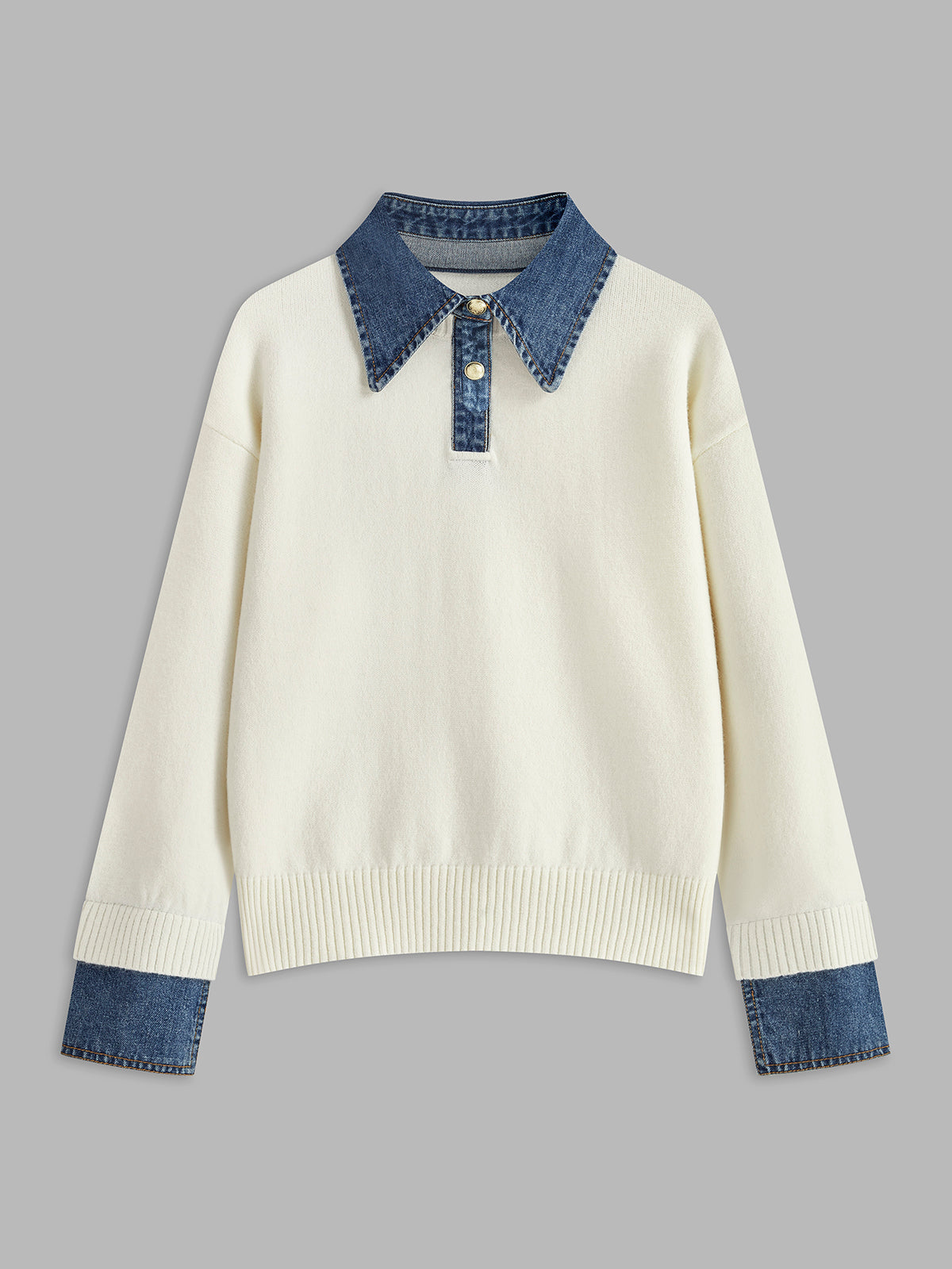 Giana Elegant Kvinders Sweater – Blød Strik med Denim Effekt Krave & Manchetter
