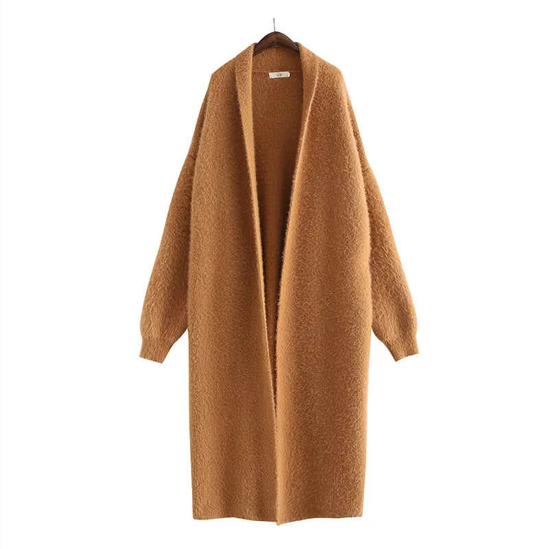 Kvinders Hætte Midi Cardigan – Åben Front Langline Striklag