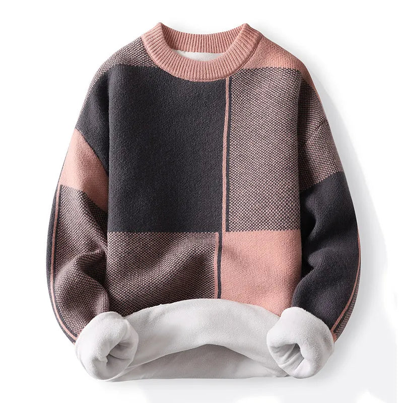 Herre Farveblok Strikket Jumper – Rund Hals, Lange Ærmer - Geometrisk Design
