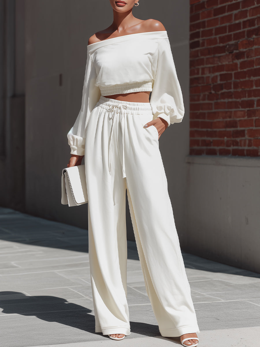Off-Shoulder Crop Top & Wide-Leg Pants Loungewear Sæt