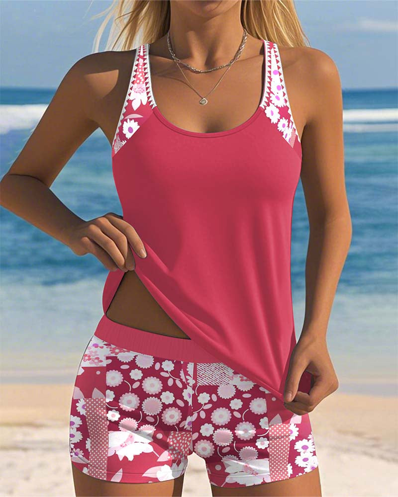 Blomster Tankini med Justerbare Stropper og Komfortable Shorts - Multifarvet