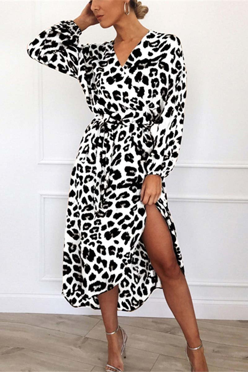 Midi Kjole Med V-Udskæring, Bælte Og Leopardprint Til Kvinder | Ideel Til Hverdagsanledninger