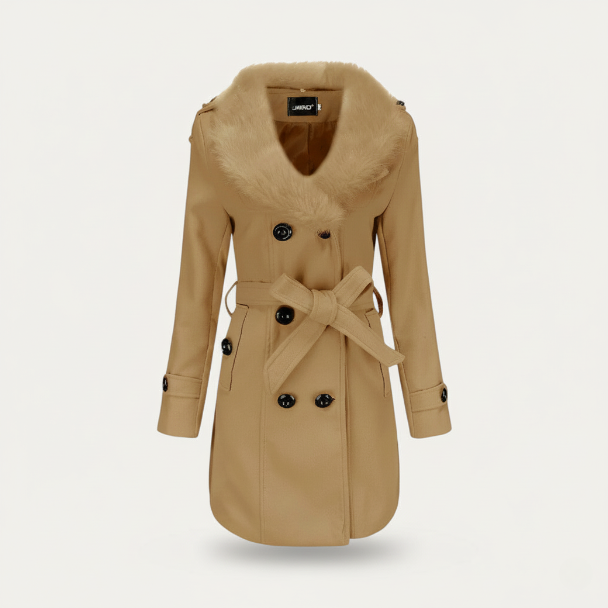 Kvinders Dobbeltradet Trench Coat med Bælte og Faux Fur Krave