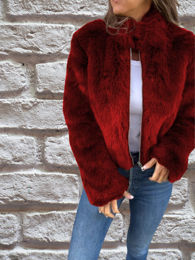 Hiya Kort faux fur jakke til kvinder – Chic frakke med lynlås og pelsdetaljer & varm og komfortabel pasform