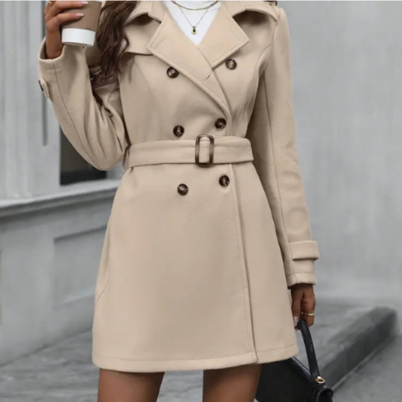 Rosemary Trench Femme – Elegant Mellemlang Frakke med Bælte i Taljen & Klassisk Dobbeltknaplukning