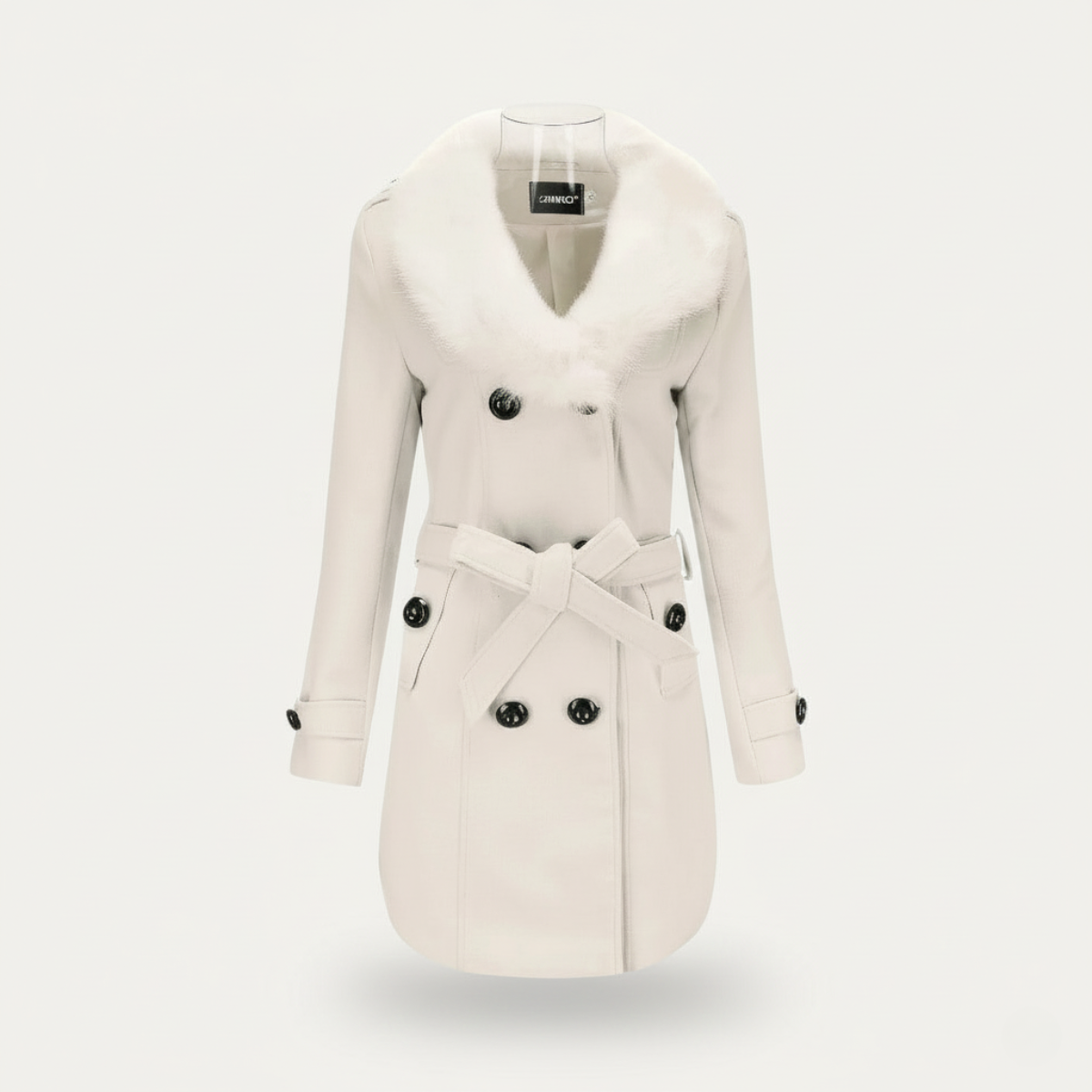 Kvinders Dobbeltradet Trench Coat med Bælte og Faux Fur Krave