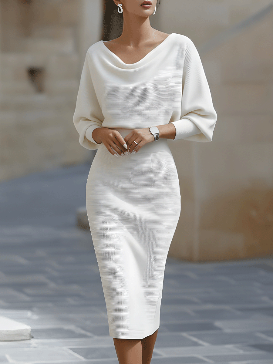 Olivia | Hvid Draperet Batwing Midi Kjole