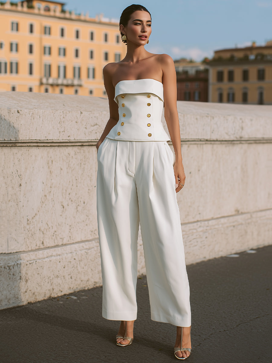 Strapless Peplum Sæt: Guld-Knap Top & Bredbenede Bukser