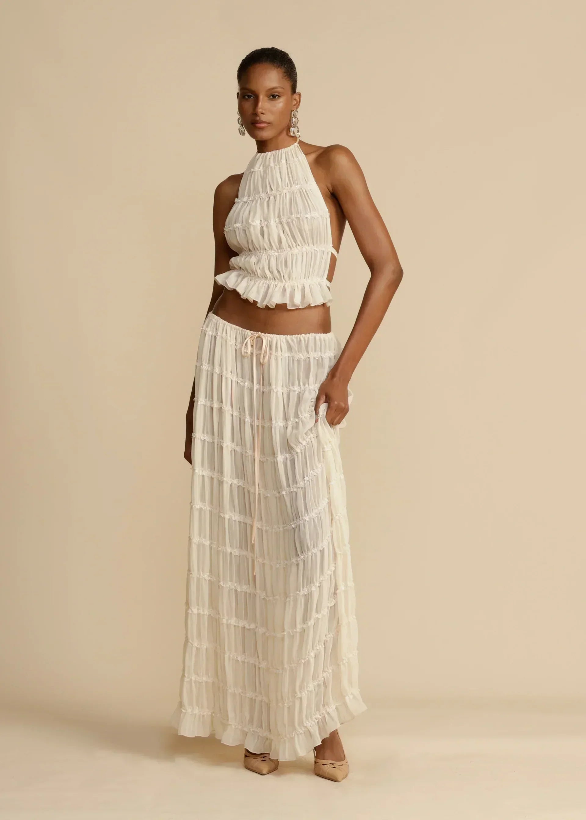 Kvinders Sommer Sæt Hvid Halterneck Chiffon Elegant