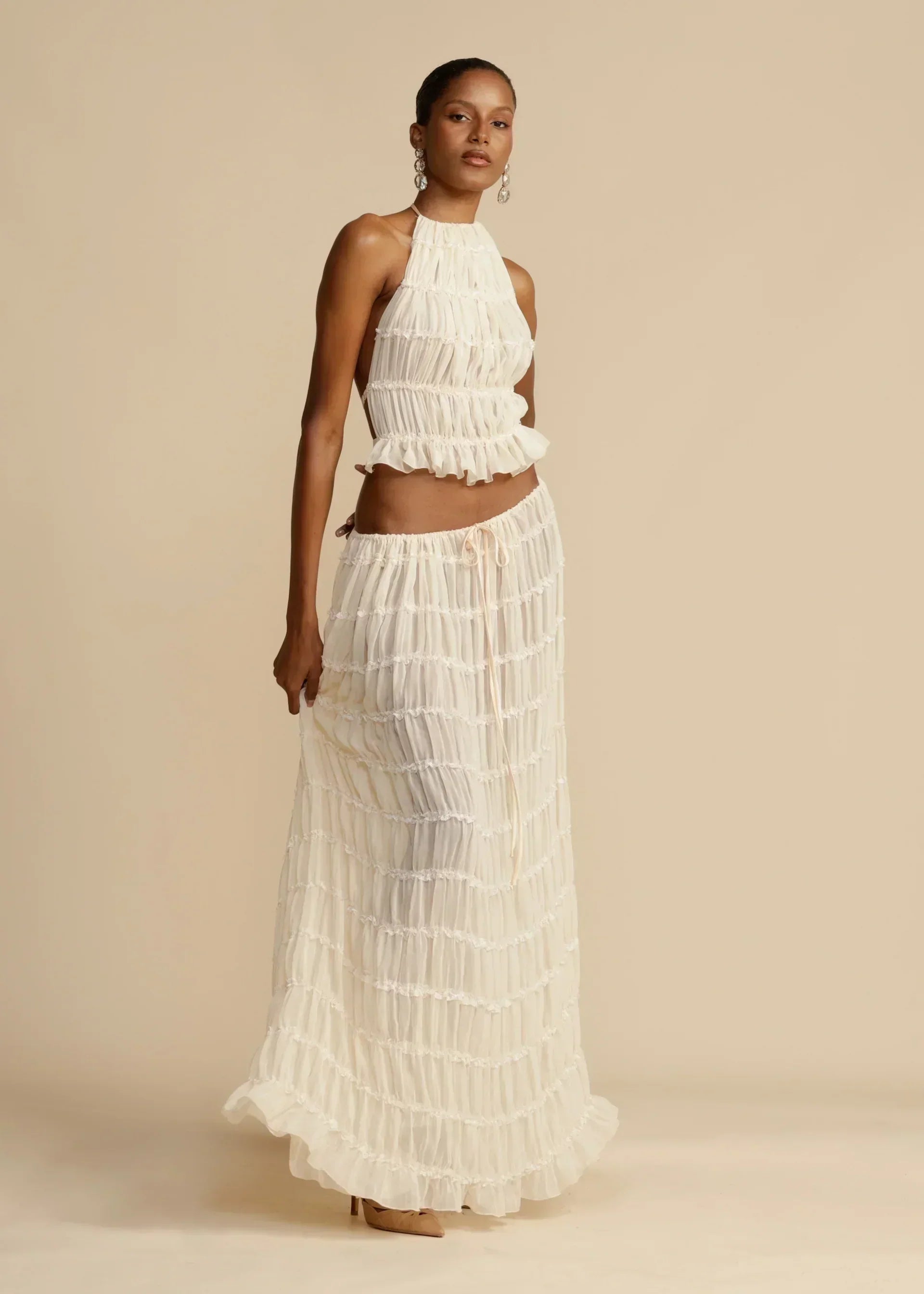 Kvinders Sommer Sæt Hvid Halterneck Chiffon Elegant