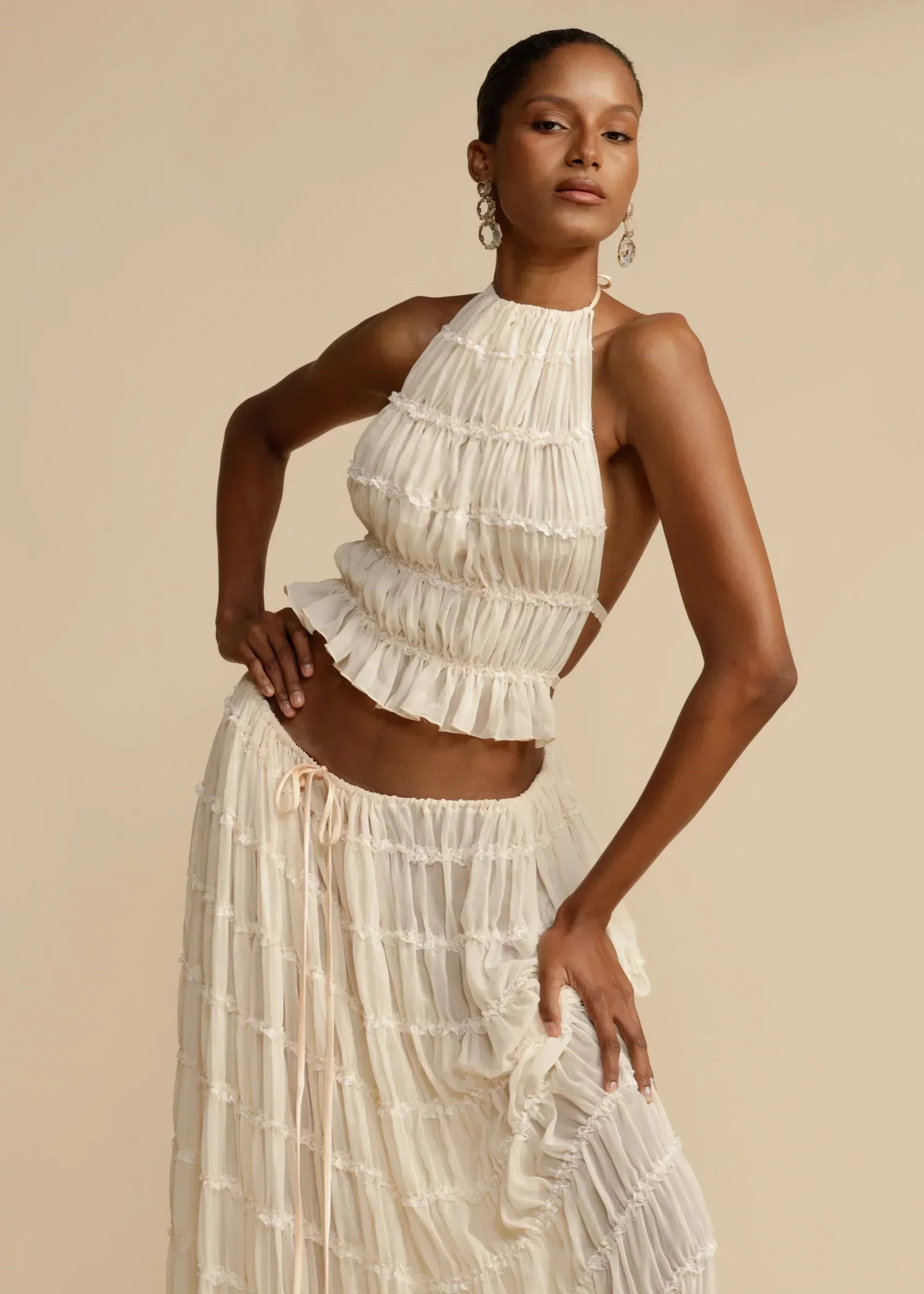 Kvinders Sommer Sæt Hvid Halterneck Chiffon Elegant