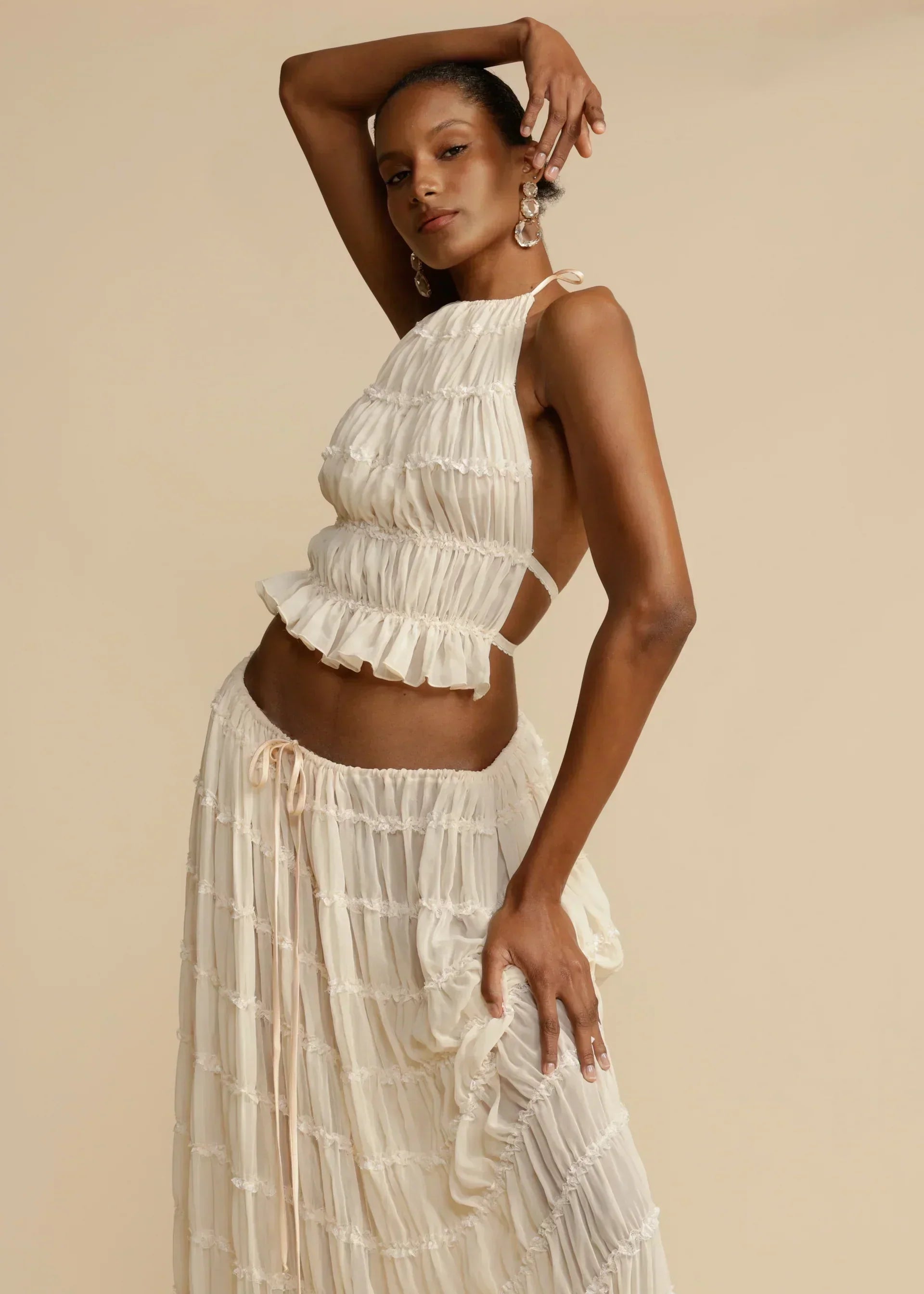 Kvinders Sommer Sæt Hvid Halterneck Chiffon Elegant