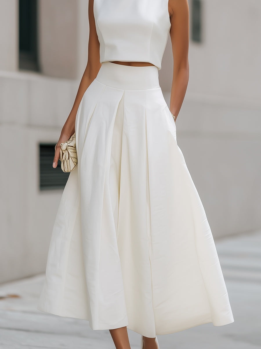 Ærmeløs Cropped Top Og Plisseret Midi Nederdel Sæt