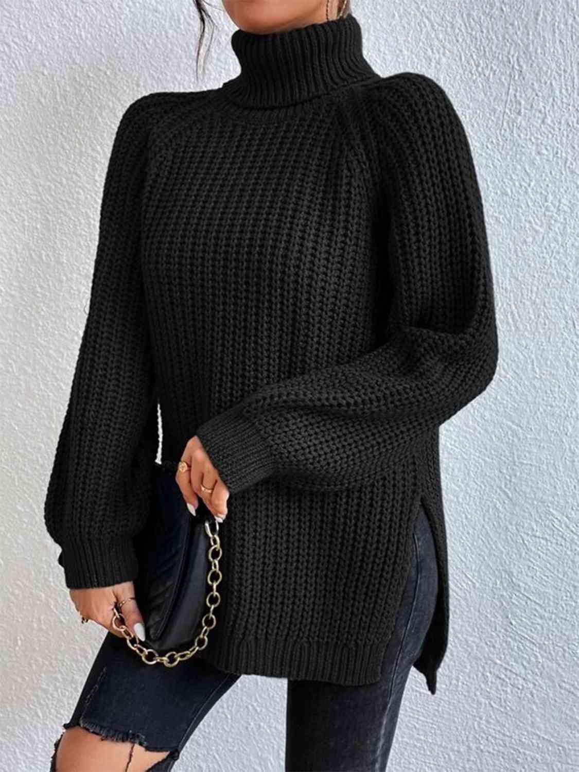 Angela Pull Kvinde – Ribbet Turtleneck Sweater med Chic Side Slids til Elegant Efterår/Vinter