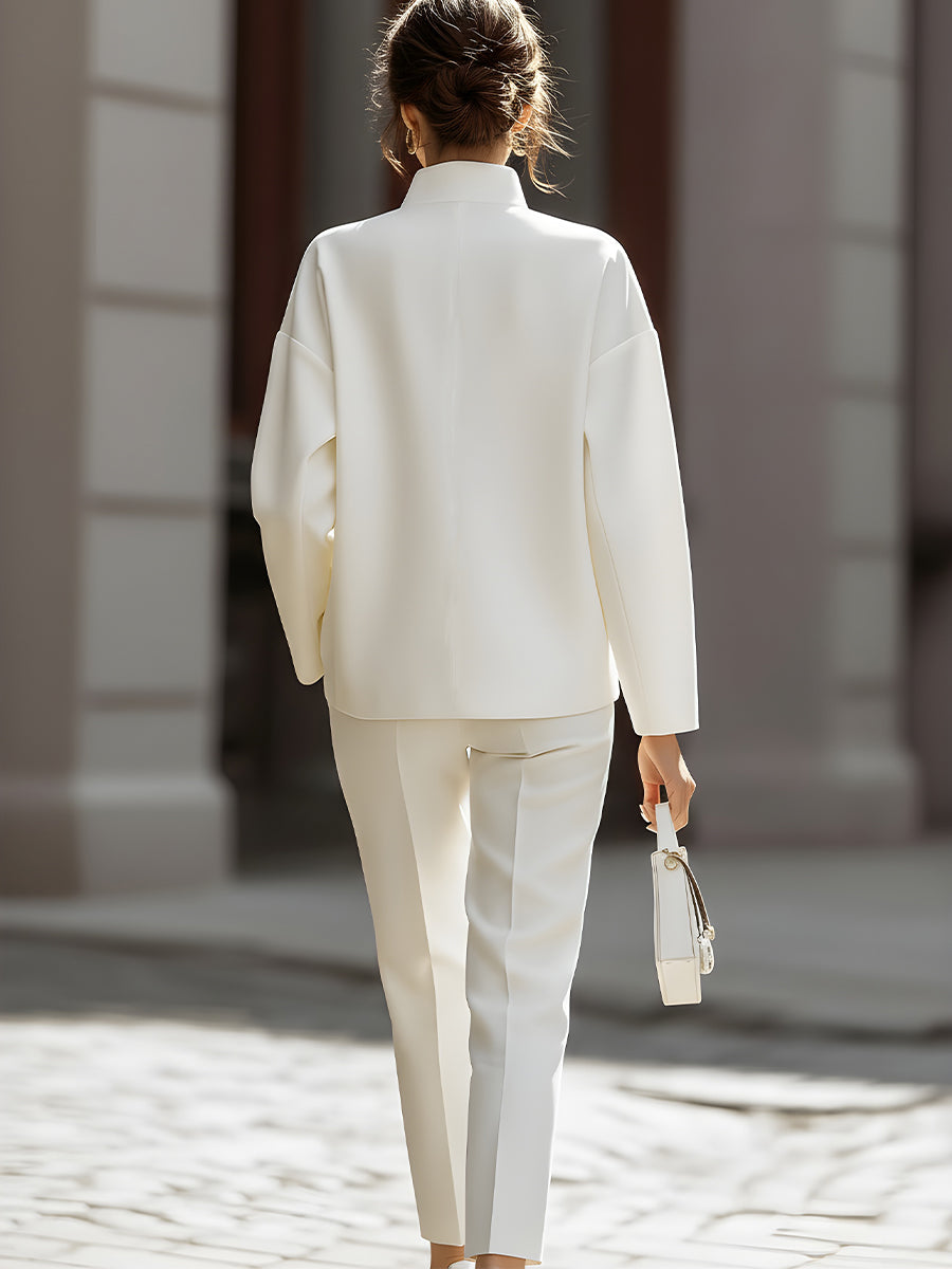 Luxe Ivory Oversized Skjorte & Skræddersyede Bukser To-dels Sæt