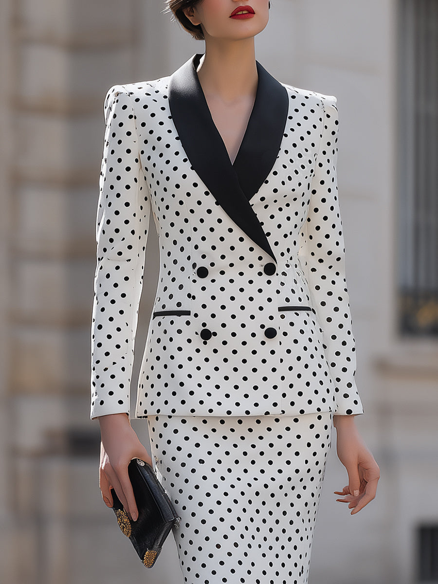 Polka Dot Dobbeltradet Blazer & Blyantskirt Sæt