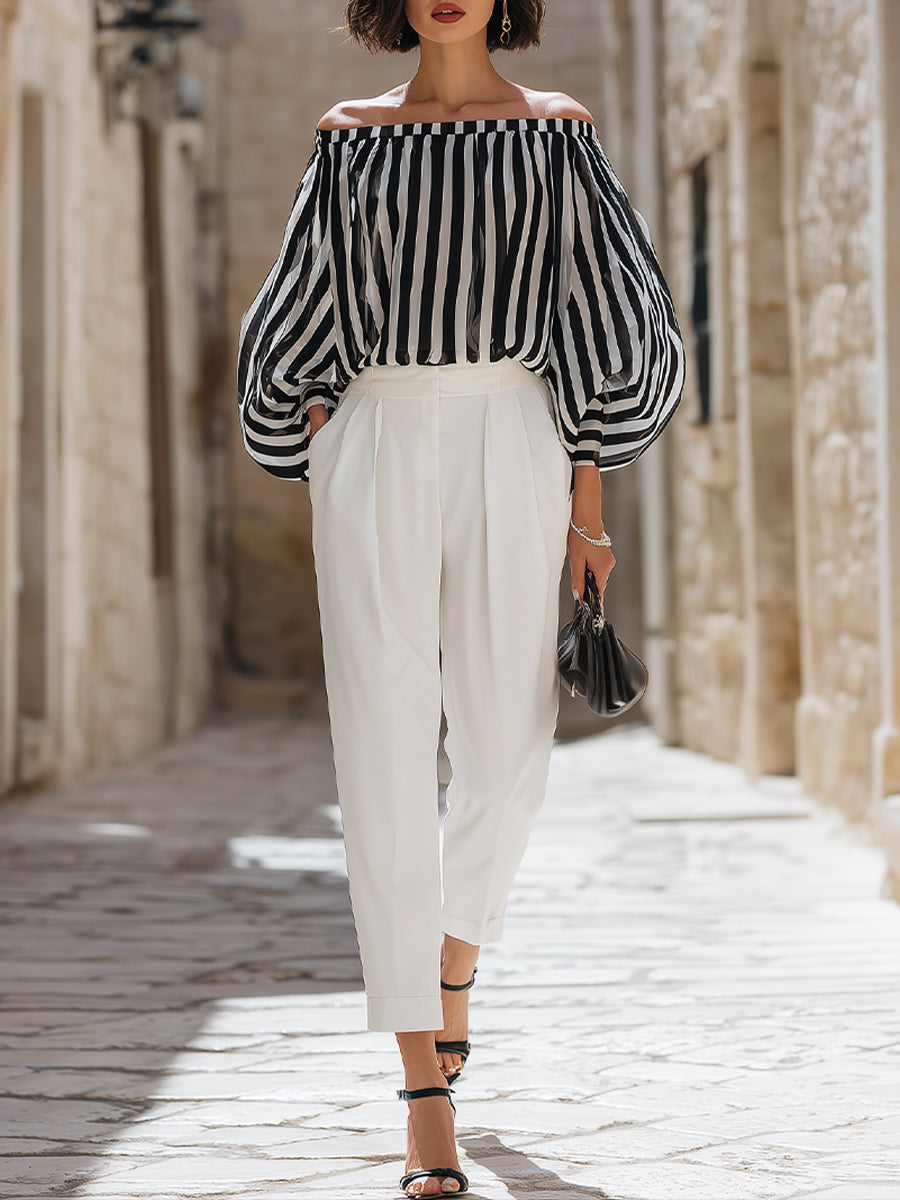 Chic Off-the-Shoulder Stribet Bluse & Højtaljede Skræddersyede Bukser Sæt